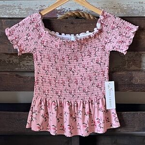 🟠NEW ORANGE KISS Smocked Peplum Top in Pink Floral Print MED